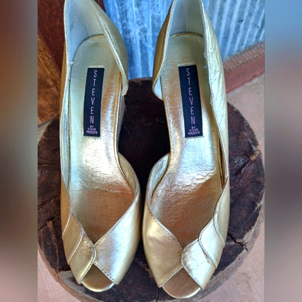 Steven By Steve Madden MIZTIFY Gold CORK WEDGE Heels Size 6.5 Vintage Y2K